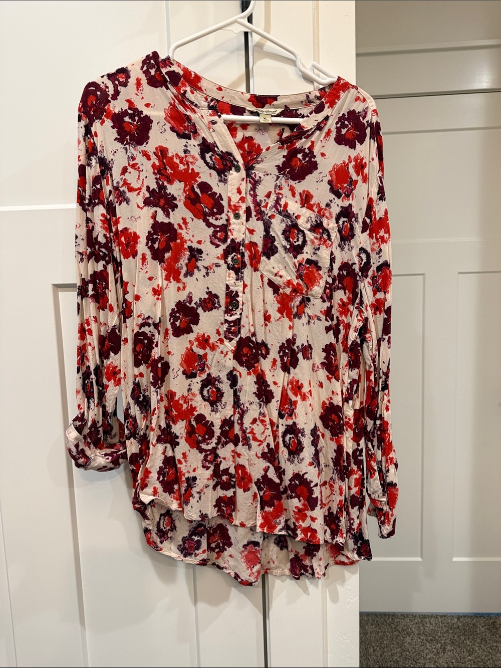 Lucky Brand Cream Long-Sleeve Henley Top with Red & Burgundy Floral Print